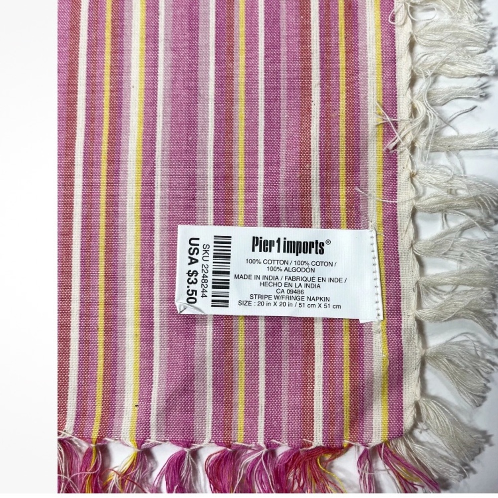 Pier 1 Napkins Set/8 Cotton Striped Fringed Napkins 20”X19” Pink White NWOT